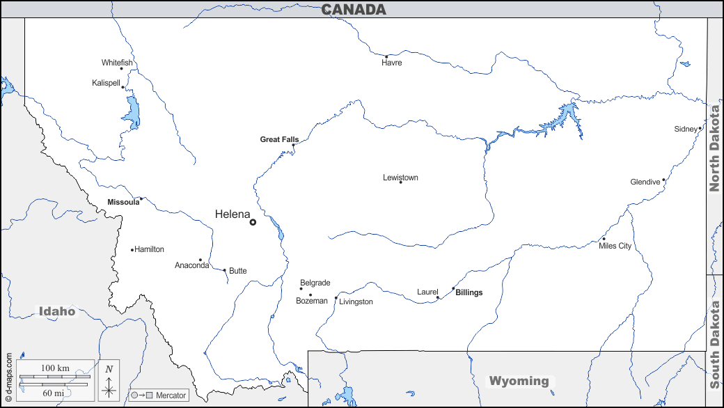 Montana : d-maps.com: mappa gratuita, mappa muta gratuita, cartina muta gratuita : frontiere, idrografia, principali città, nomi