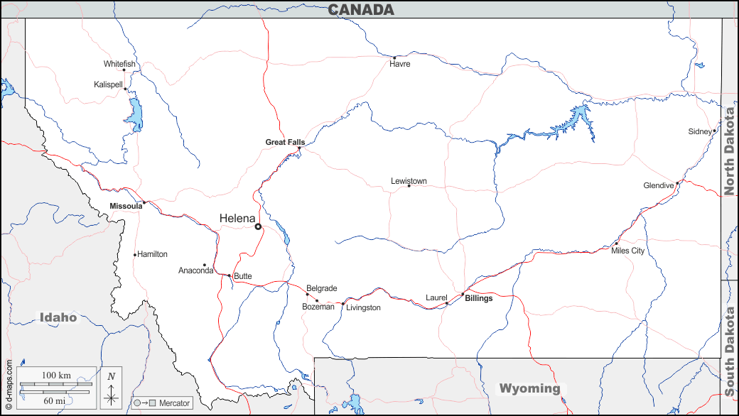 Montana : d-maps.com: mappa gratuita, mappa muta gratuita, cartina muta gratuita : frontiere, idrografia, principali città, strade, nomi