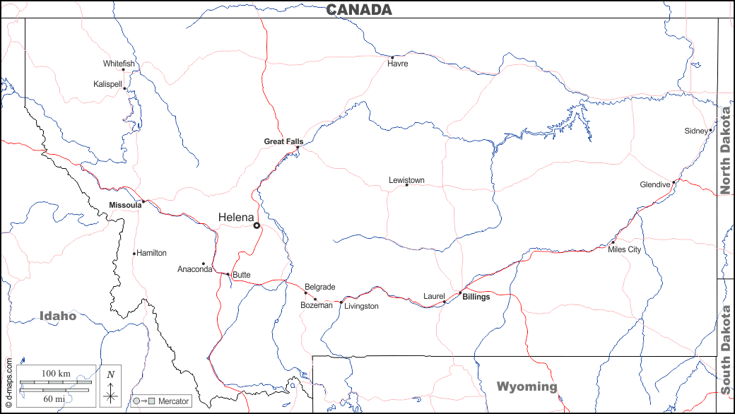 Montana : d-maps.com: mappa gratuita, mappa muta gratuita, cartina muta gratuita : frontiere, idrografia, principali città, strade, nomi, bianco