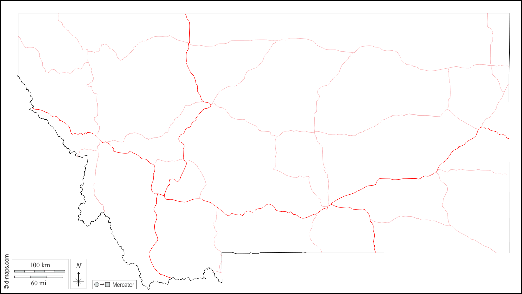 Montana : d-maps.com: mappa gratuita, mappa muta gratuita, cartina muta gratuita : contorni, strade, bianco