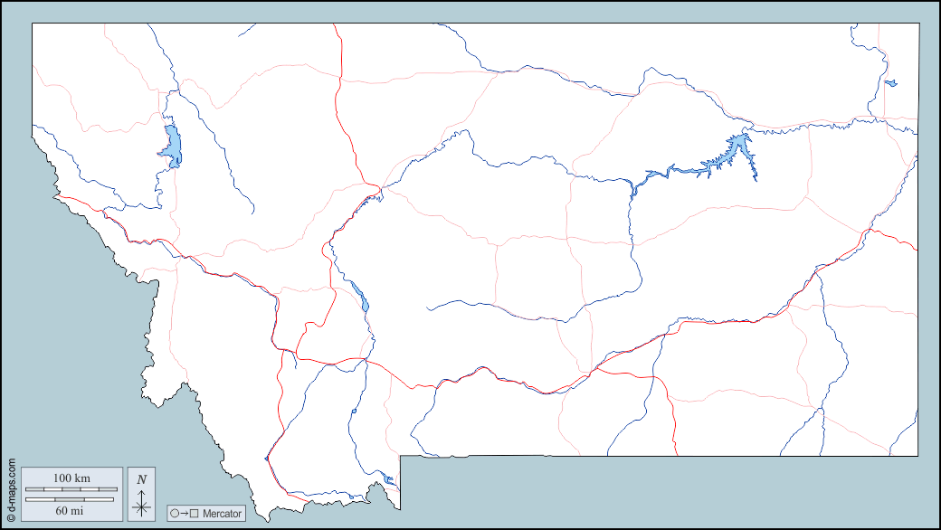 Montana : d-maps.com: mappa gratuita, mappa muta gratuita, cartina muta gratuita : contorni, idrografia, strade