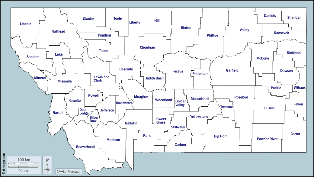 Montana : d-maps.com: mappa gratuita, mappa muta gratuita, cartina muta gratuita : contorni, contee, nomi