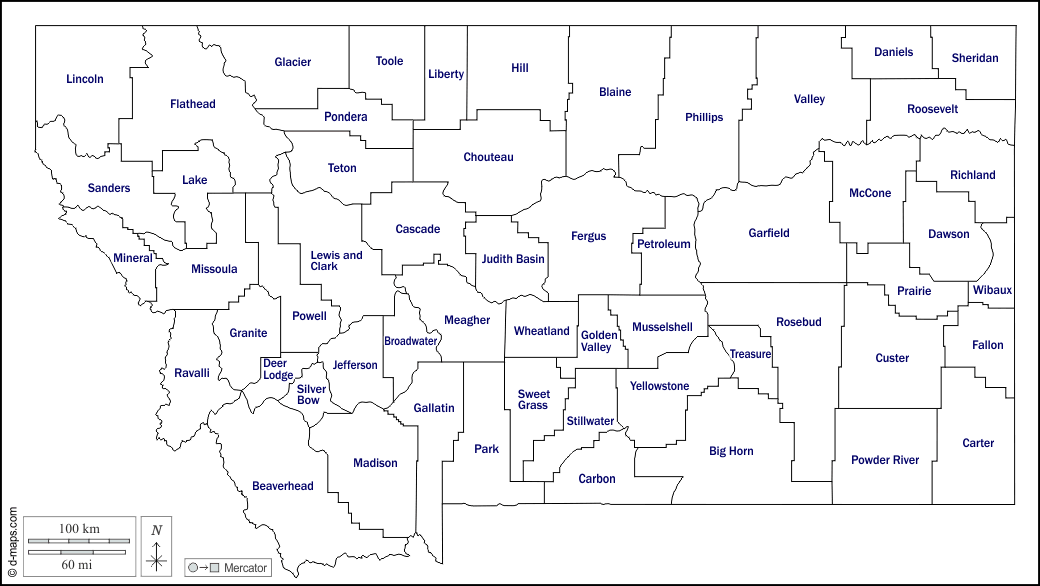Montana : d-maps.com: mappa gratuita, mappa muta gratuita, cartina muta gratuita : contorni, contee, nomi, bianco