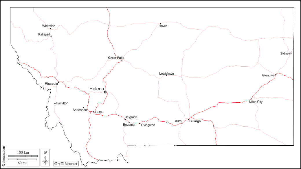 Montana : d-maps.com: mappa gratuita, mappa muta gratuita, cartina muta gratuita : contorni, principali città, strade, nomi, bianco