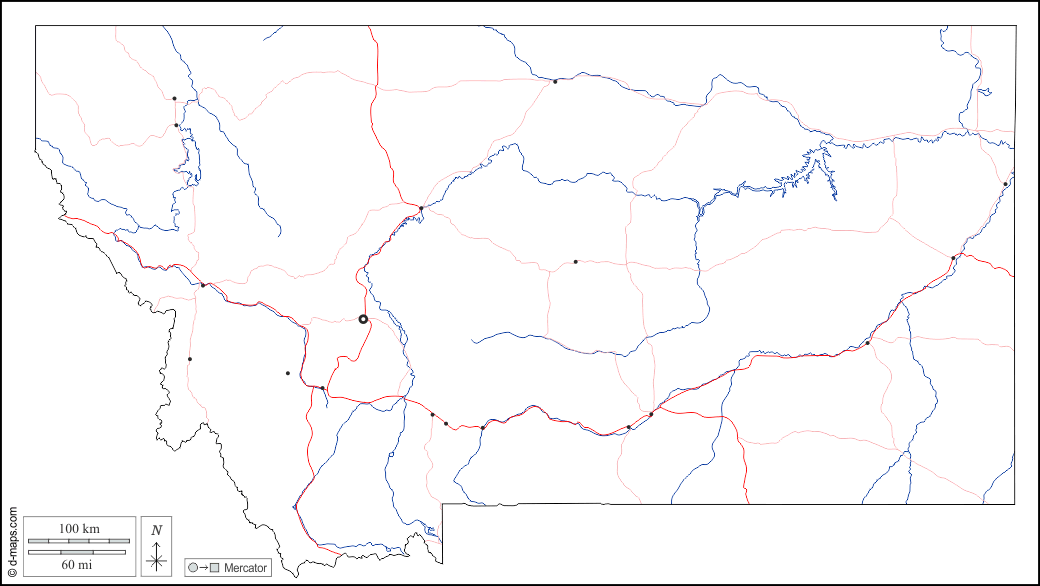 Montana : d-maps.com: mappa gratuita, mappa muta gratuita, cartina muta gratuita : contorni, idrografia, principali città, strade, bianco