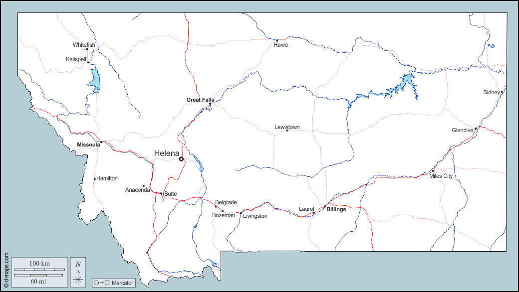 Montana : d-maps.com: mappa gratuita, mappa muta gratuita, cartina muta gratuita : contorni, idrografia, principali città, strade, nomi