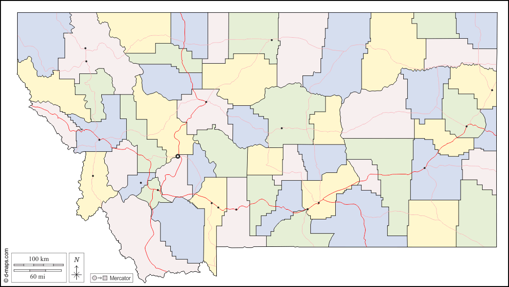 Montana : d-maps.com: mappa gratuita, mappa muta gratuita, cartina muta gratuita : contorni, contee, principali città, strade, colore, bianco