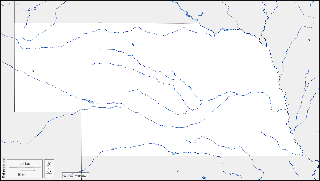 Nebraska : d-maps.com: mappa gratuita, mappa muta gratuita, cartina muta gratuita : frontiere, idrografia