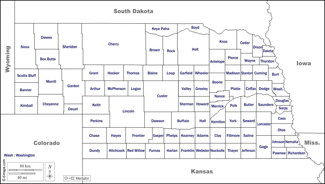 Nebraska : d-maps.com: mappa gratuita, mappa muta gratuita, cartina muta gratuita : frontiere, contee, nomi, bianco