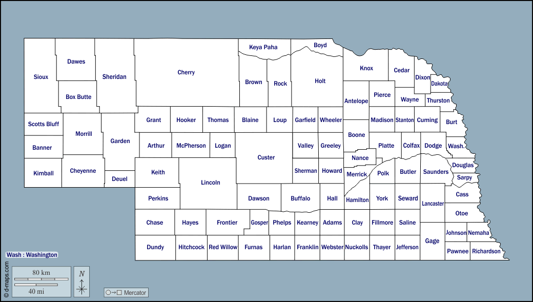 Nebraska : d-maps.com: mappa gratuita, mappa muta gratuita, cartina muta gratuita : contorni, contee, nomi