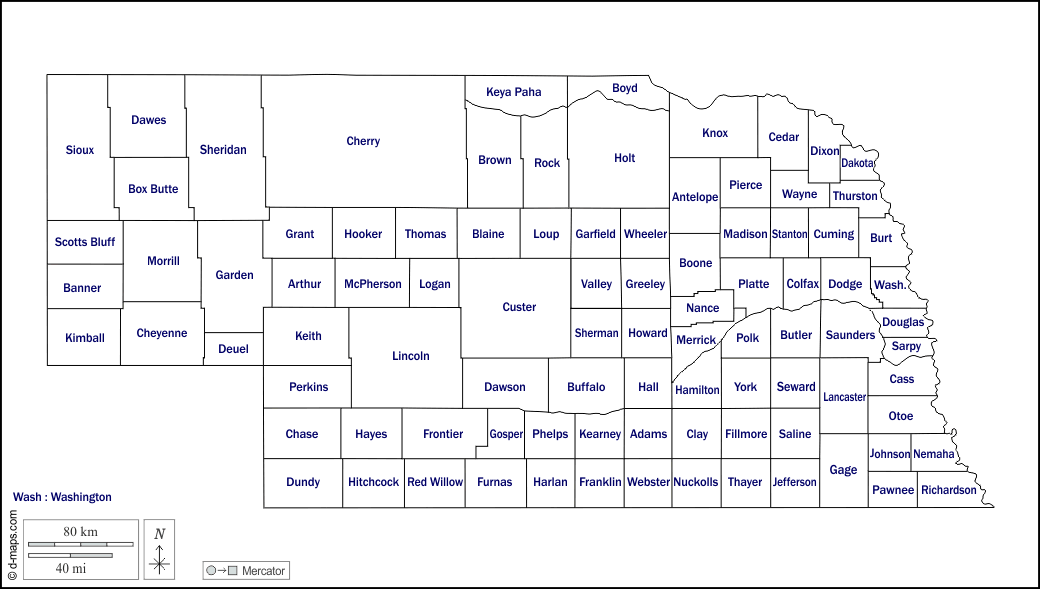 Nebraska : d-maps.com: mappa gratuita, mappa muta gratuita, cartina muta gratuita : contorni, contee, nomi, bianco