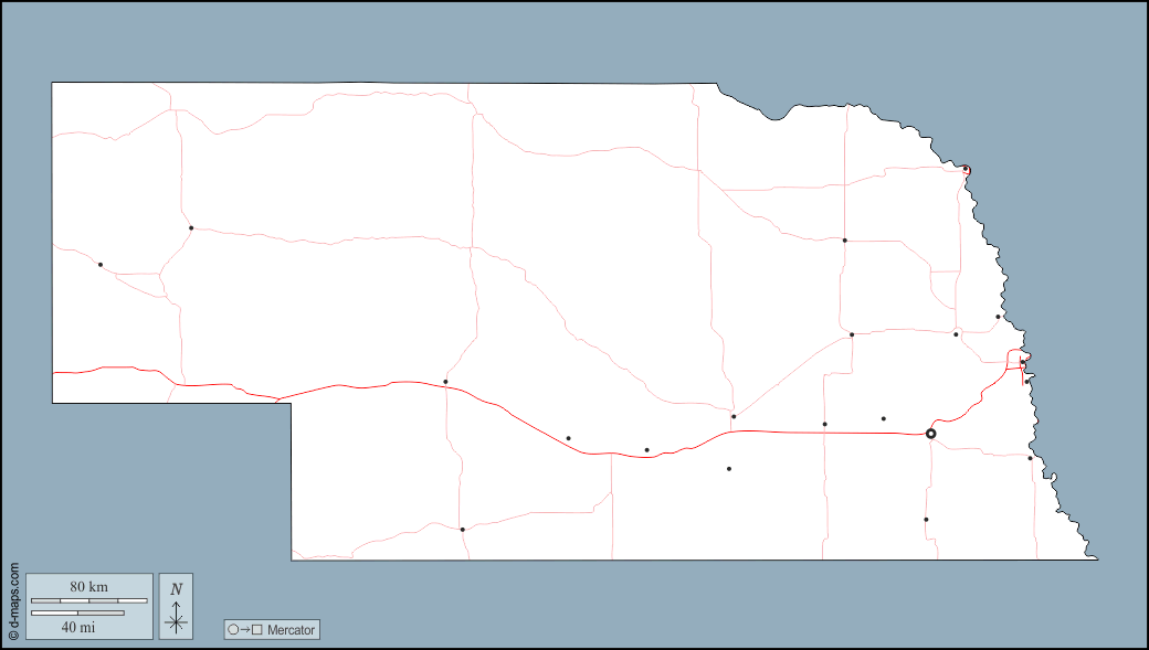 Nebraska : d-maps.com: mappa gratuita, mappa muta gratuita, cartina muta gratuita : contorni, principali città, strade
