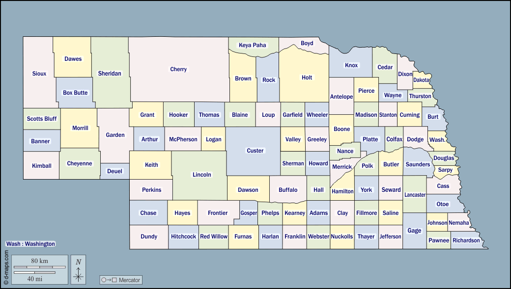 Nebraska : d-maps.com: Kostenlose Karten, kostenlose stumme Karte, kostenlose unausgefüllt Landkarte, kostenlose hochauflösende Umrisskarte : Umrisse, Landkreise, Namen, Farbe