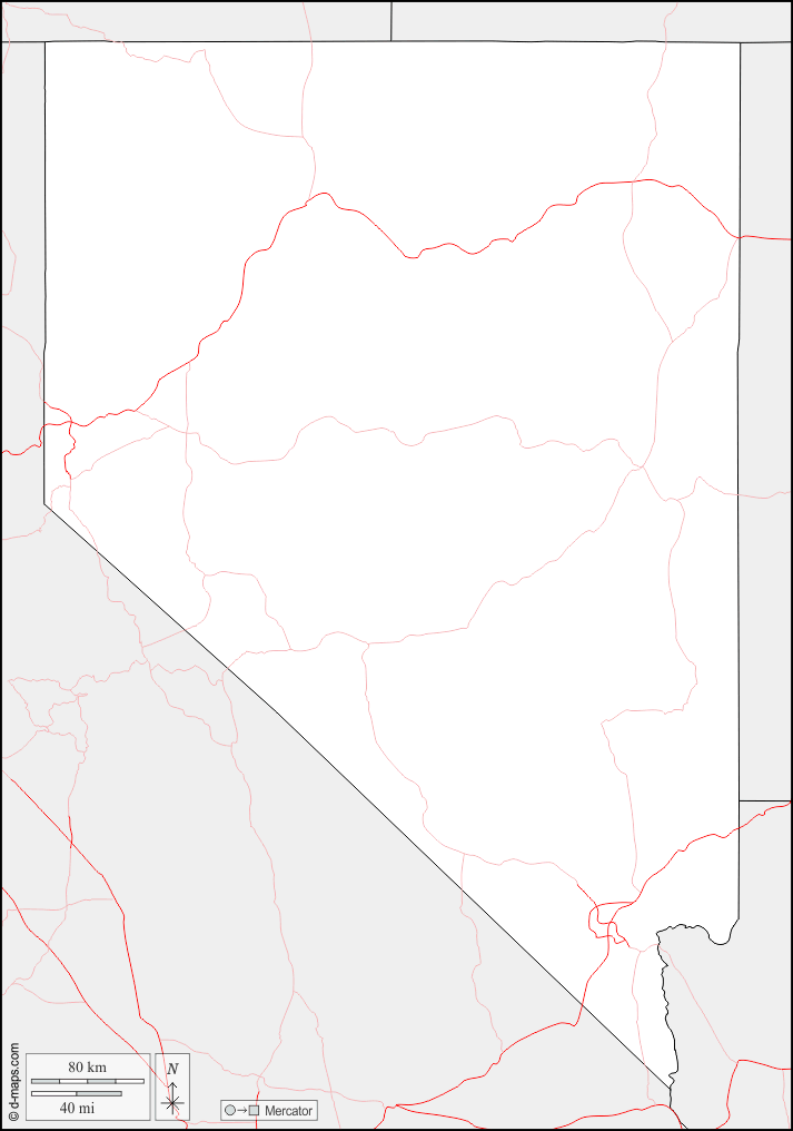 Nevada : d-maps.com: mappa gratuita, mappa muta gratuita, cartina muta gratuita : frontiere, strade