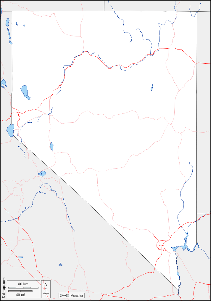 Nevada : d-maps.com: mappa gratuita, mappa muta gratuita, cartina muta gratuita : frontiere, idrografia, strade