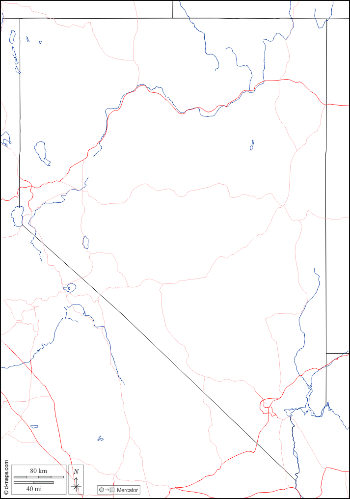 Nevada : d-maps.com: mappa gratuita, mappa muta gratuita, cartina muta gratuita : frontiere, idrografia, strade, bianco