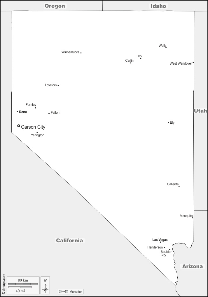 Nevada : d-maps.com: mappa gratuita, mappa muta gratuita, cartina muta gratuita : frontiere, principali città, nomi