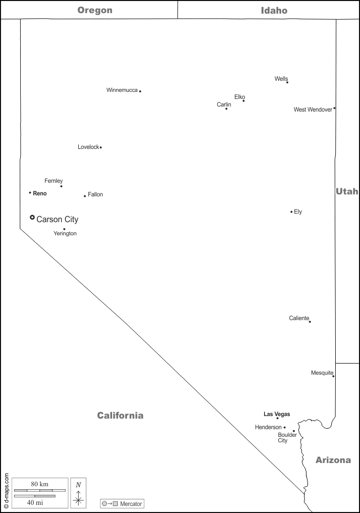 Nevada : d-maps.com: mappa gratuita, mappa muta gratuita, cartina muta gratuita : frontiere, principali città, nomi, bianco