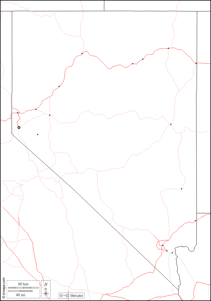 Nevada : d-maps.com: mappa gratuita, mappa muta gratuita, cartina muta gratuita : frontiere, principali città, strade, bianco