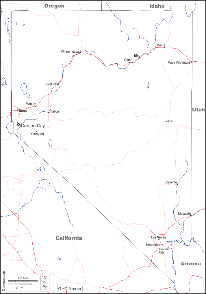 Nevada : d-maps.com: mappa gratuita, mappa muta gratuita, cartina muta gratuita : frontiere, idrografia, principali città, strade, nomi, bianco
