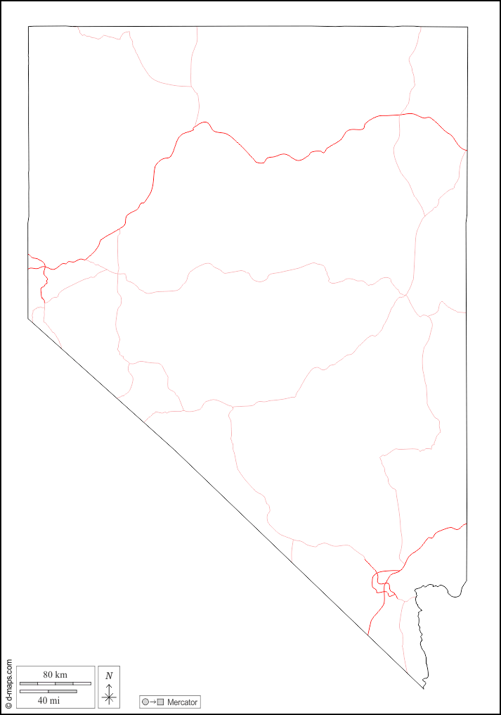 Nevada : d-maps.com: mappa gratuita, mappa muta gratuita, cartina muta gratuita : contorni, strade, bianco