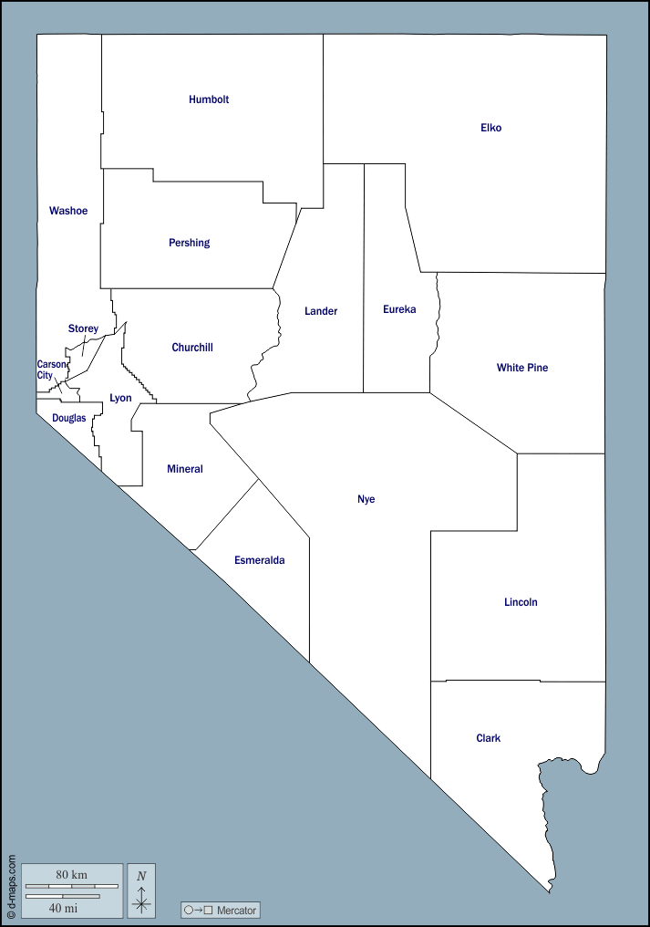 Nevada : d-maps.com: mappa gratuita, mappa muta gratuita, cartina muta gratuita : contorni, contee, nomi