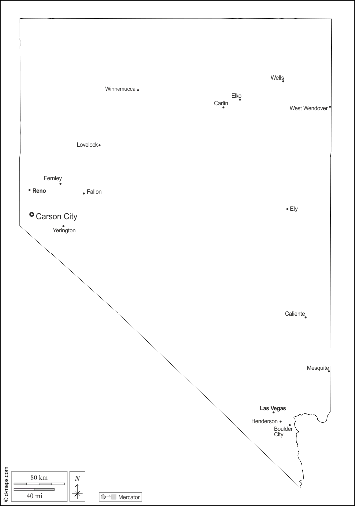 Nevada : d-maps.com: mappa gratuita, mappa muta gratuita, cartina muta gratuita : contorni, principali città, nomi, bianco
