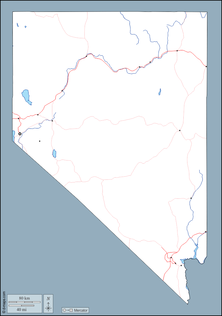 Nevada : d-maps.com: mappa gratuita, mappa muta gratuita, cartina muta gratuita : contorni, idrografia, principali città, strade