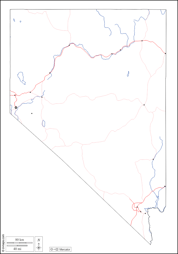 Nevada : d-maps.com: mappa gratuita, mappa muta gratuita, cartina muta gratuita : contorni, idrografia, principali città, strade, bianco