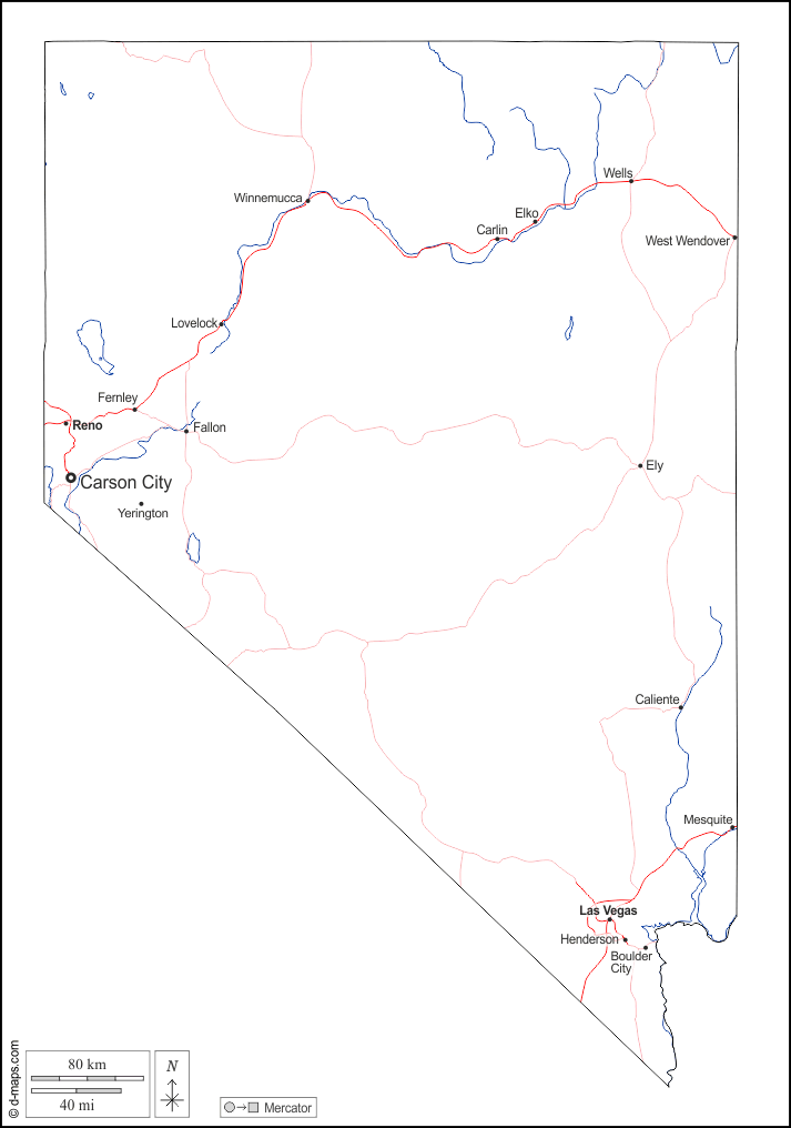 Nevada : d-maps.com: mappa gratuita, mappa muta gratuita, cartina muta gratuita : contorni, idrografia, principali città, strade, nomi, bianco