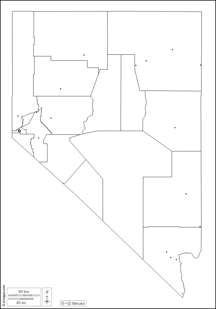 Nevada : d-maps.com: mappa gratuita, mappa muta gratuita, cartina muta gratuita : contorni, contee, principali città, bianco