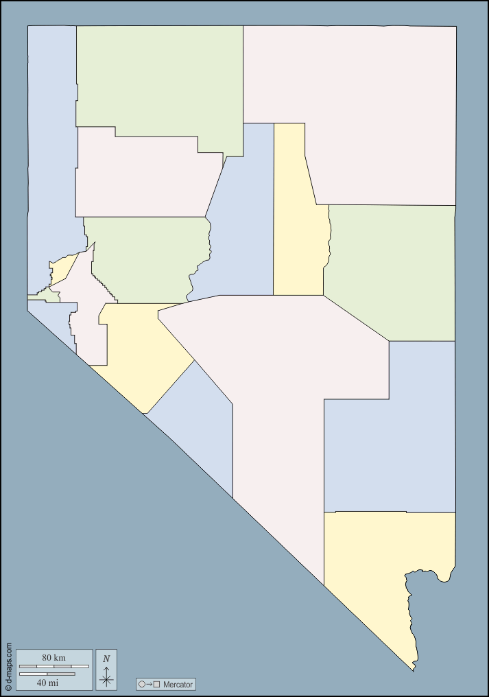 Nevada : d-maps.com: mappa gratuita, mappa muta gratuita, cartina muta gratuita : contorni, contee, colore