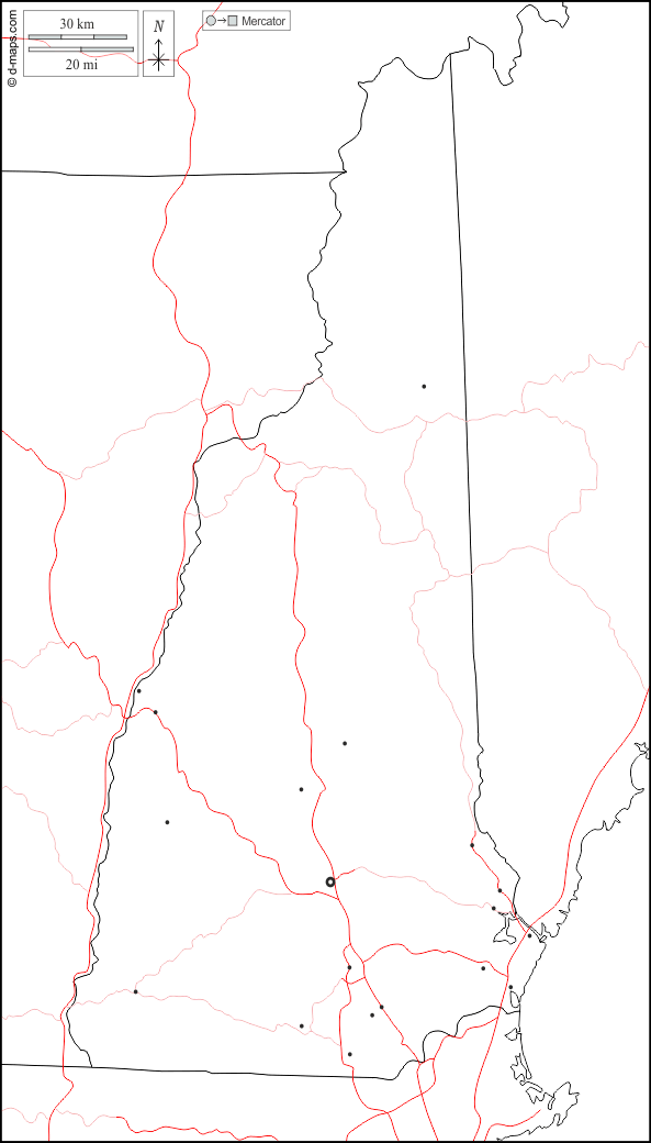 New Hampshire : d-maps.com: mappa gratuita, mappa muta gratuita, cartina muta gratuita : frontiere, principali città, strade, bianco