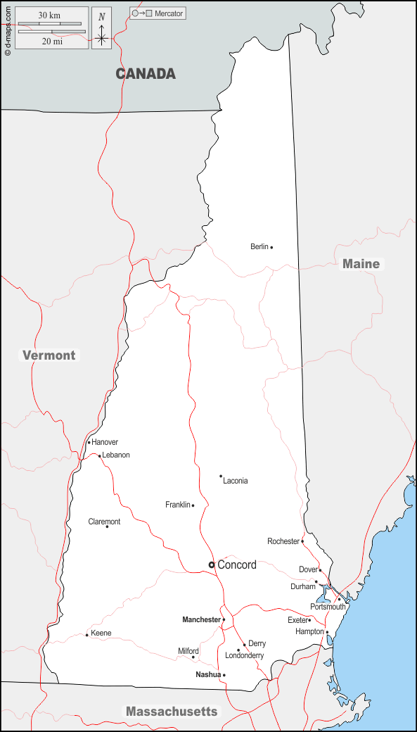 New Hampshire : d-maps.com: mappa gratuita, mappa muta gratuita, cartina muta gratuita : frontiere, principali città, strade, nomi