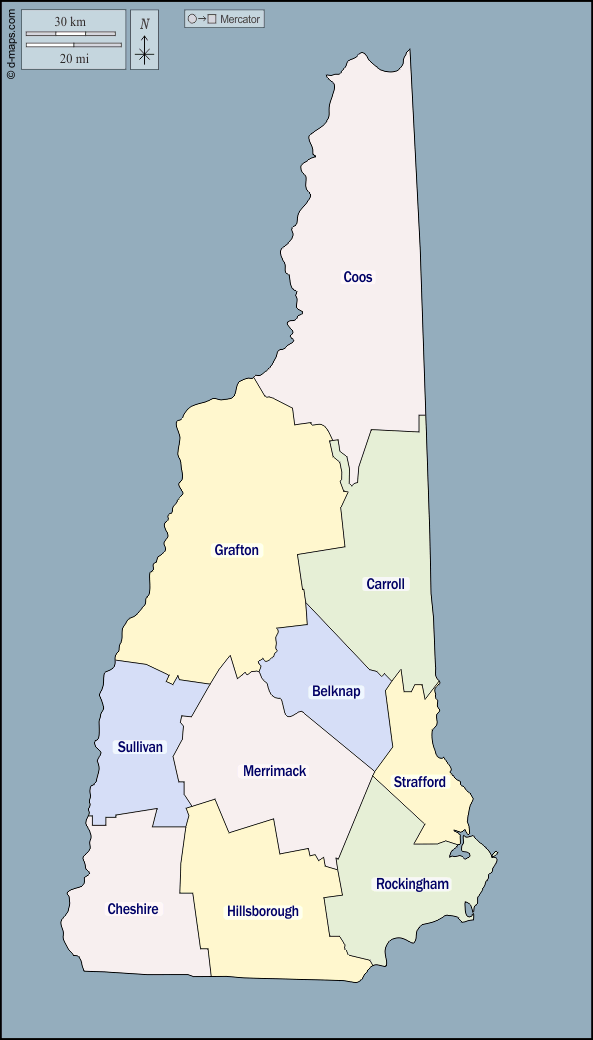 New Hampshire : d-maps.com: mappa gratuita, mappa muta gratuita, cartina muta gratuita : contorni, contee, nomi, colore