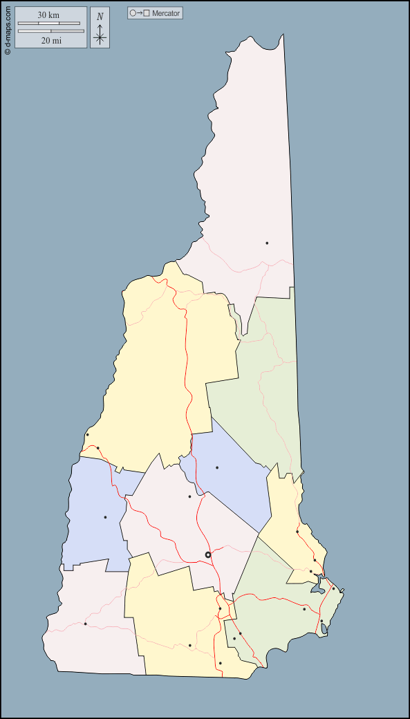 New Hampshire : d-maps.com: mappa gratuita, mappa muta gratuita, cartina muta gratuita : contorni, contee, principali città, strade, colore