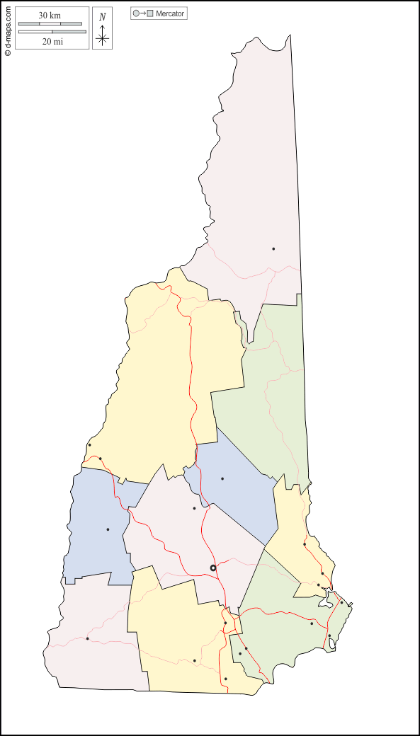New Hampshire : d-maps.com: mappa gratuita, mappa muta gratuita, cartina muta gratuita : contorni, contee, principali città, strade, colore, bianco