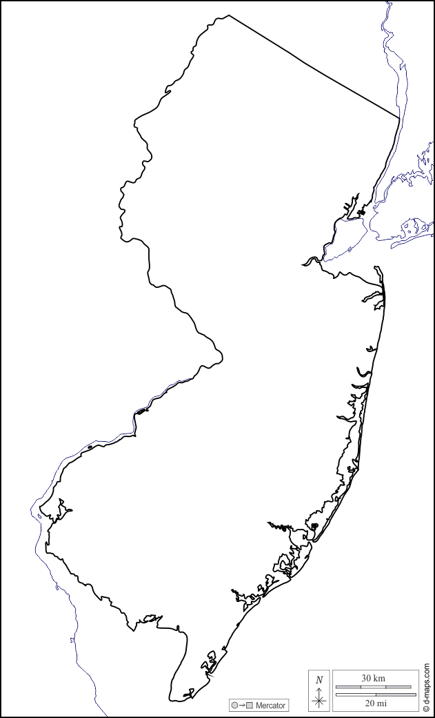 New Jersey : d-maps.com: mappa gratuita, mappa muta gratuita, cartina muta gratuita : litorali, limiti, bianco