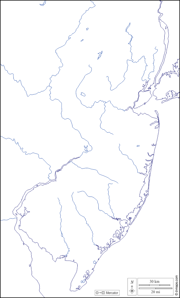 New Jersey : d-maps.com: mappa gratuita, mappa muta gratuita, cartina muta gratuita : litorali, idrografia, bianco