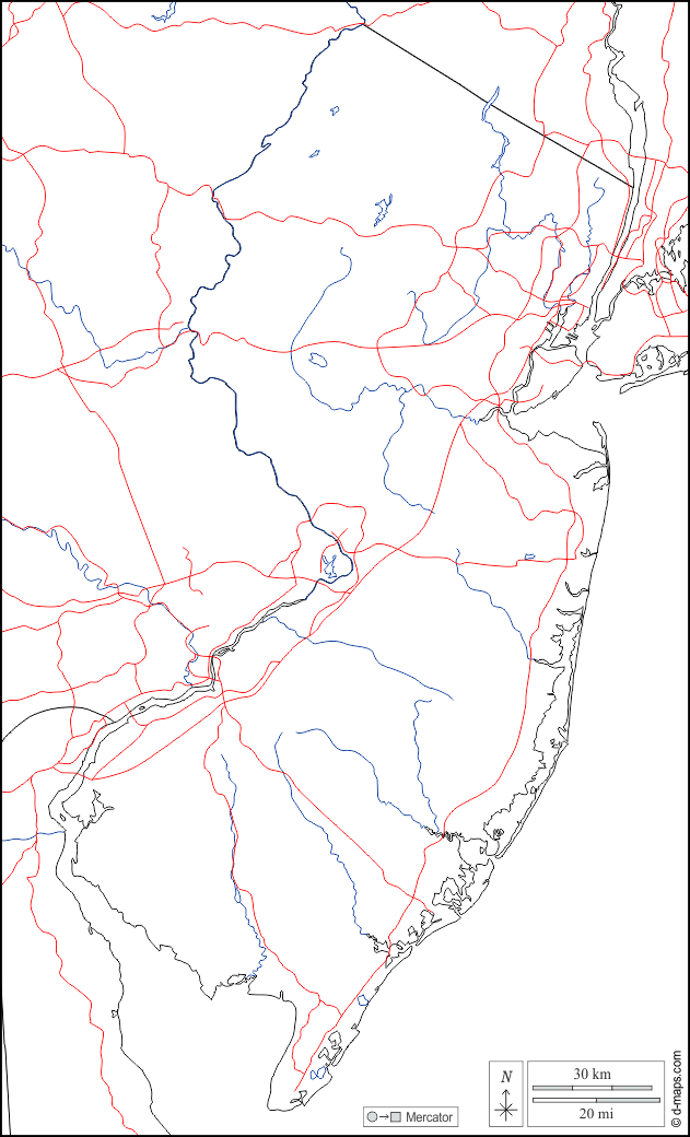 New Jersey : d-maps.com: mappa gratuita, mappa muta gratuita, cartina muta gratuita : frontiere, idrografia, strade, bianco