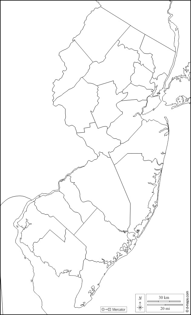 New Jersey : d-maps.com: mappa gratuita, mappa muta gratuita, cartina muta gratuita : frontiere, contee, bianco