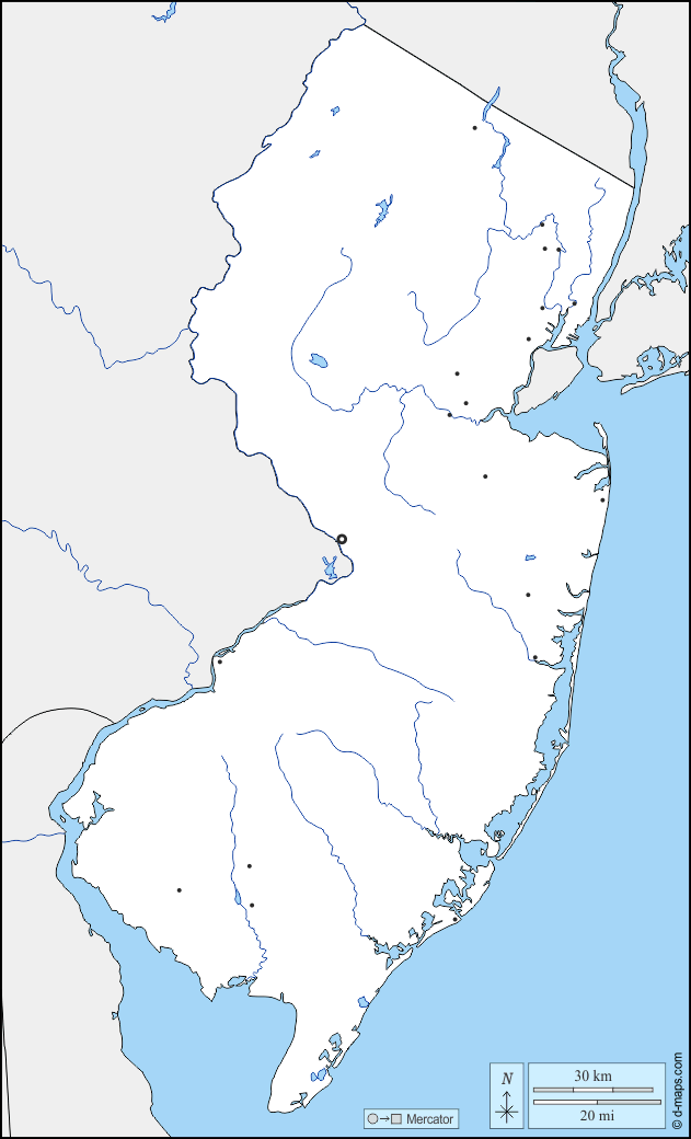 New Jersey : d-maps.com: Kostenlose Karten, kostenlose stumme Karte, kostenlose unausgefüllt Landkarte, kostenlose hochauflösende Umrisskarte : Grenzen, Hydrografie, Wichtige Städte