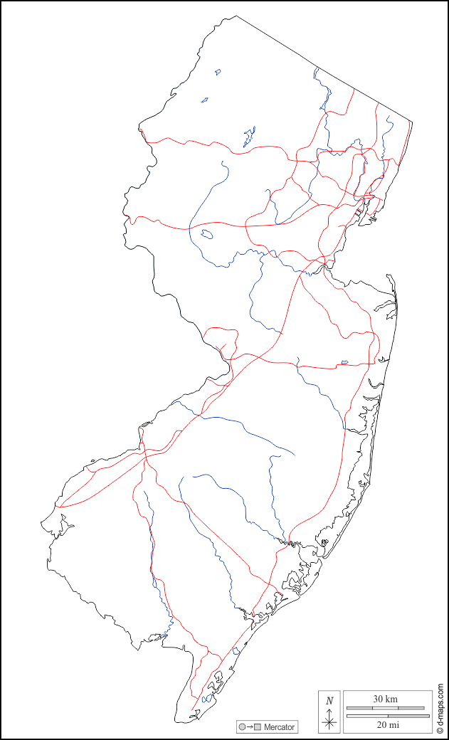 New Jersey : d-maps.com: mappa gratuita, mappa muta gratuita, cartina muta gratuita : contorni, idrografia, strade, bianco
