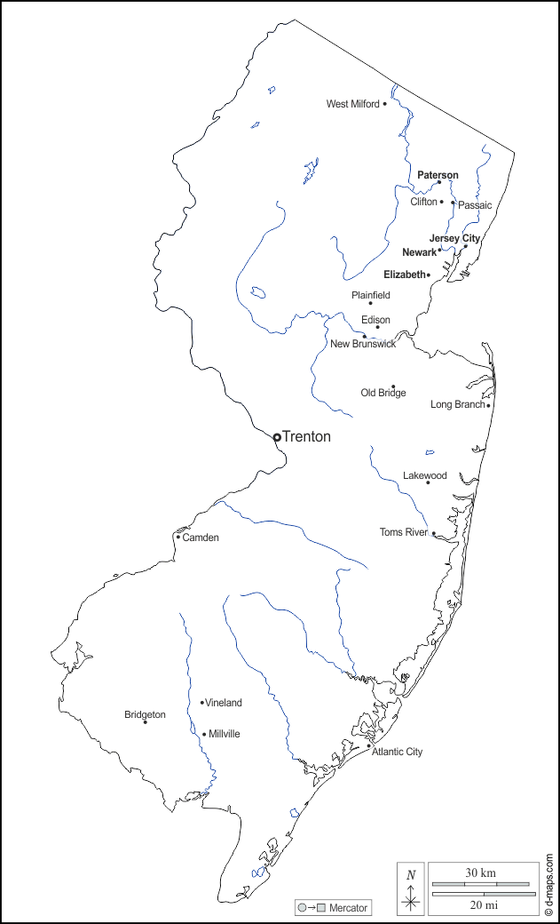 New Jersey : d-maps.com: mappa gratuita, mappa muta gratuita, cartina muta gratuita : contorni, idrografia, principali città, nomi, bianco
