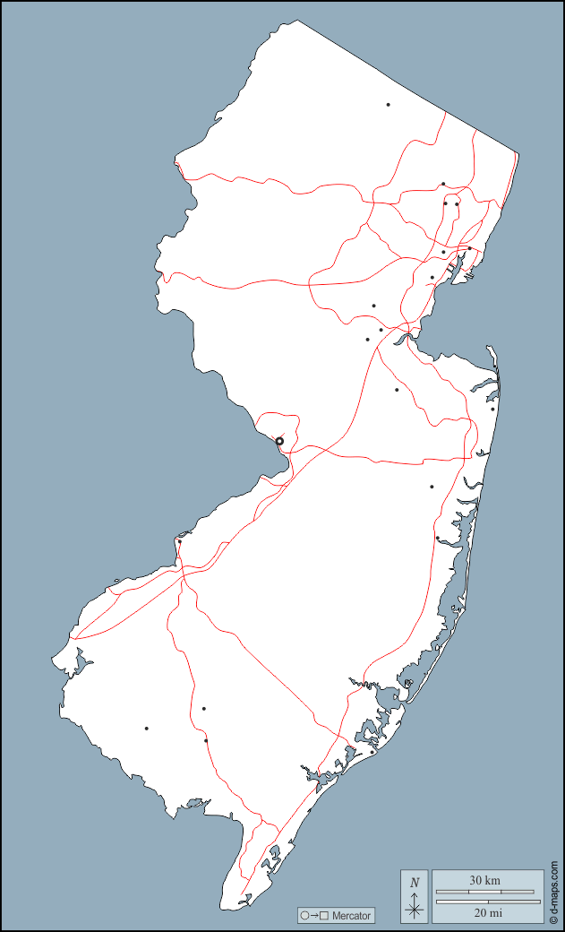 New Jersey : d-maps.com: mappa gratuita, mappa muta gratuita, cartina muta gratuita : contorni, principali città, strade