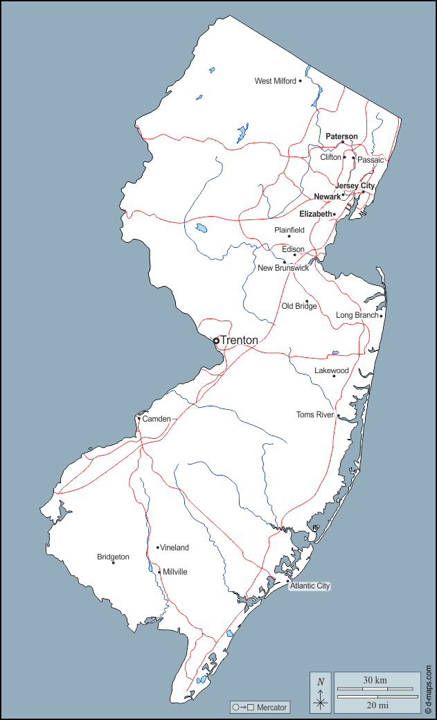New Jersey : d-maps.com: mappa gratuita, mappa muta gratuita, cartina muta gratuita : contorni, idrografia, principali città, strade, nomi