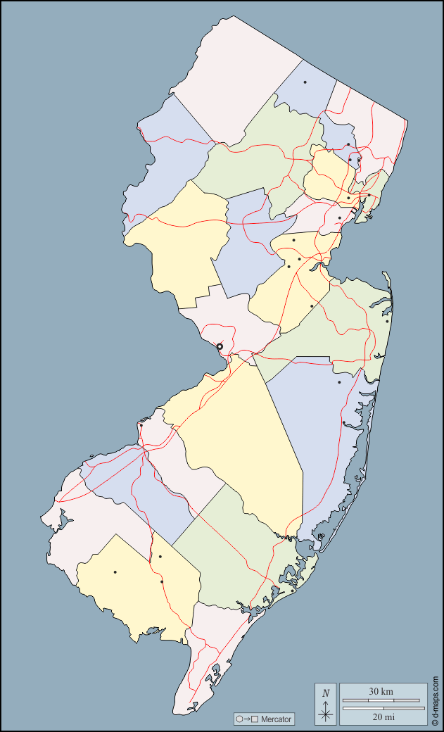 New Jersey : d-maps.com: mappa gratuita, mappa muta gratuita, cartina muta gratuita : contorni, contee, principali città, strade, colore