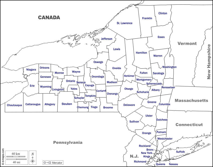 New York : d-maps.com: mappa gratuita, mappa muta gratuita, cartina muta gratuita : frontiere, contee, nomi, bianco