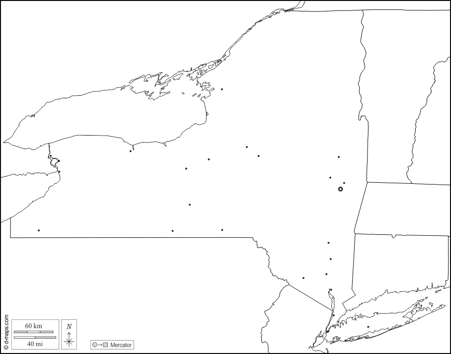 New York : d-maps.com: mappa gratuita, mappa muta gratuita, cartina muta gratuita : frontiere, principali città, bianco