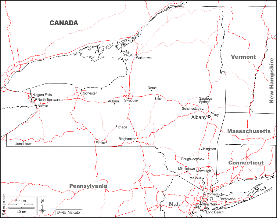New York : d-maps.com: mappa gratuita, mappa muta gratuita, cartina muta gratuita : frontiere, principali città, strade, nomi, bianco